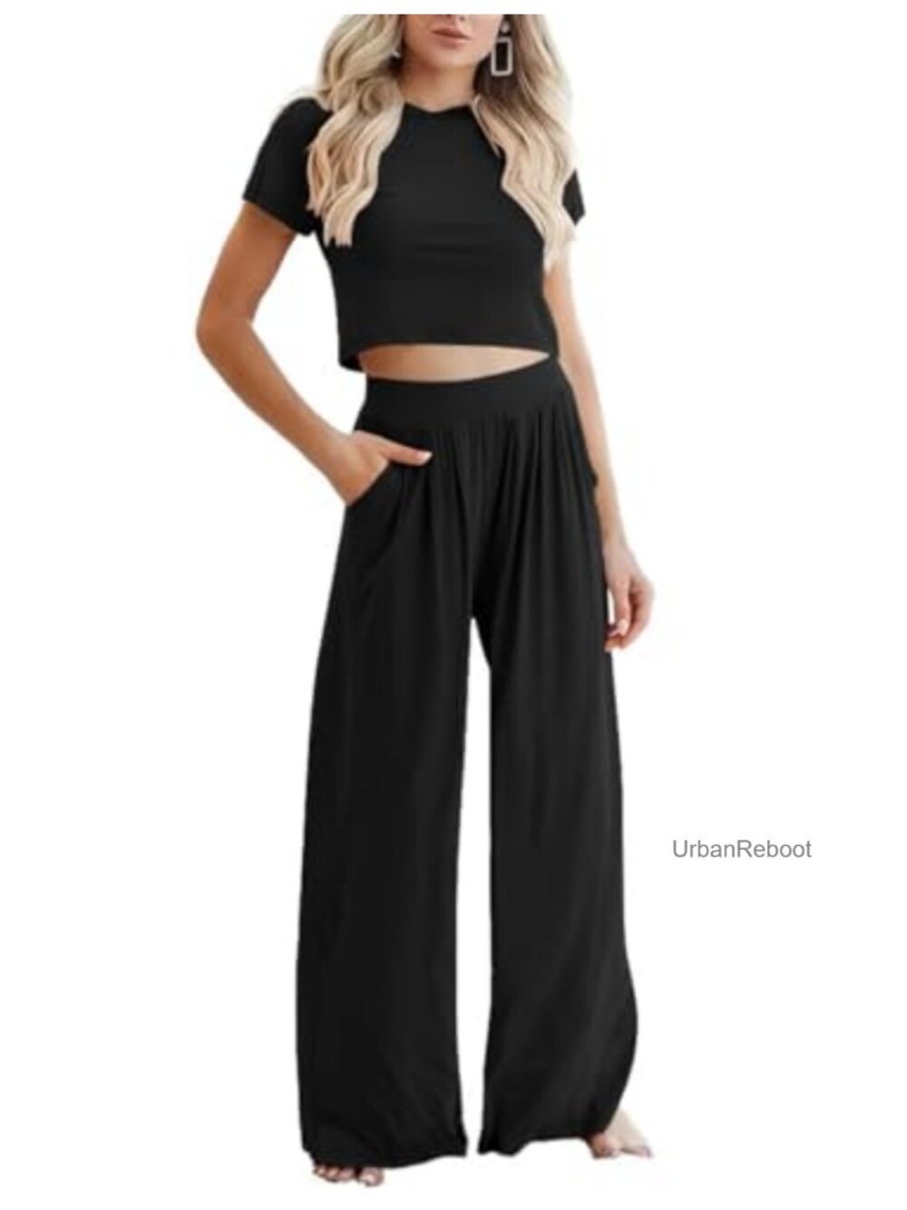 Two Piece Lounge Set Short Sleeve Crop Top Wide Leg Pants Tracksuit